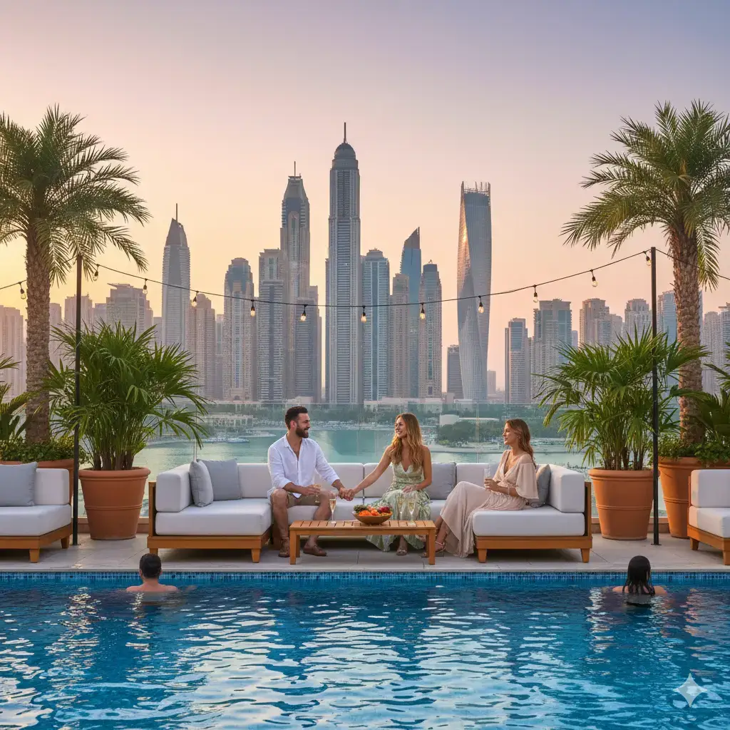 Beautiful Dubai escorts enjoying a luxury pool party at Marina Beach with elite call girls in Dubai and a sunset city view.