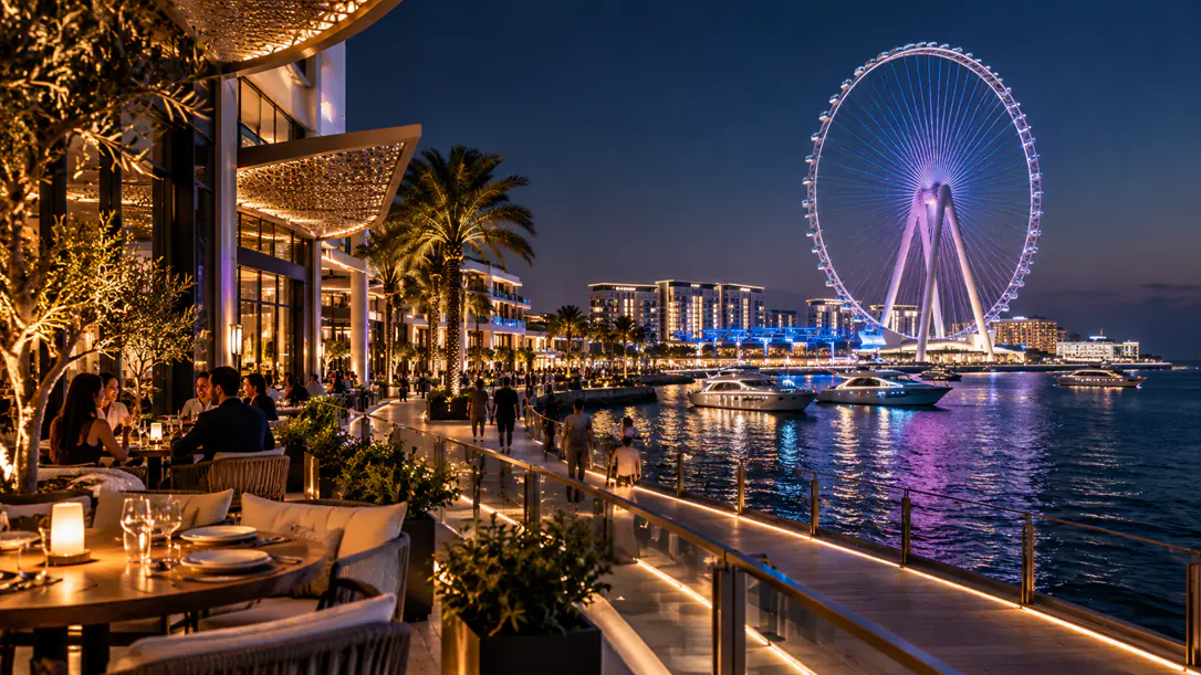 Bluewaters Island Dubai nightlife with Ain Dubai and waterfront dining