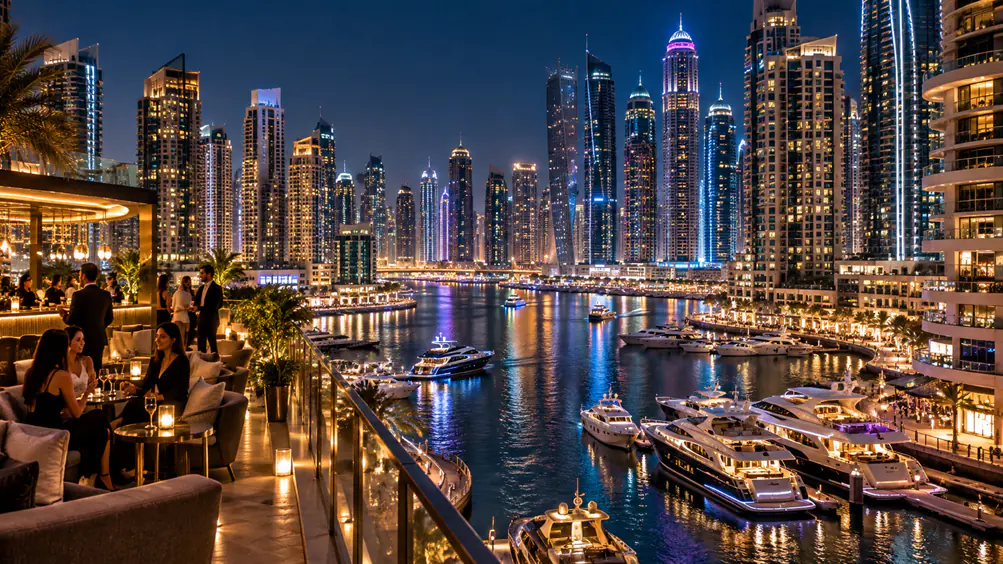 Dubai Marina Nightlife with waterfront skyline and luxury yachts