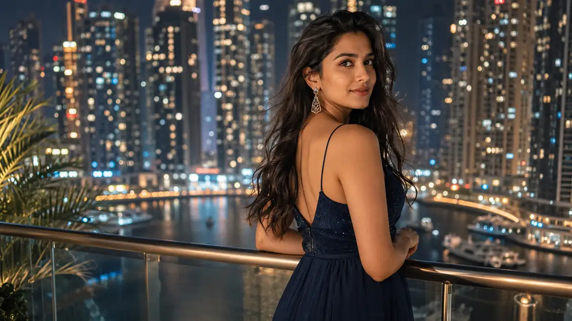 Dubai Marina nightlife lifestyle with illuminated skyline