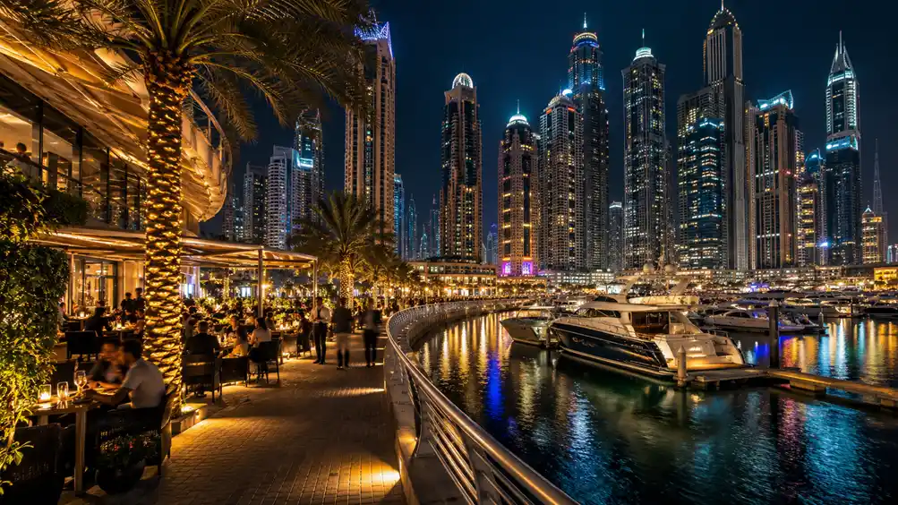 Dubai Marina nightlife with yachts and waterfront restaurants