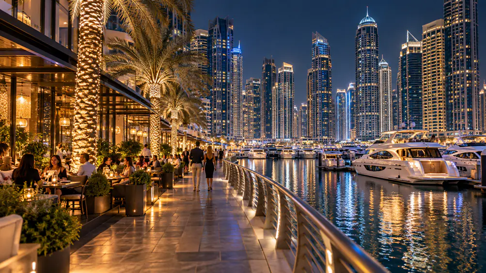 Dubai Marina Walk at night with waterfront restaurants and yachts